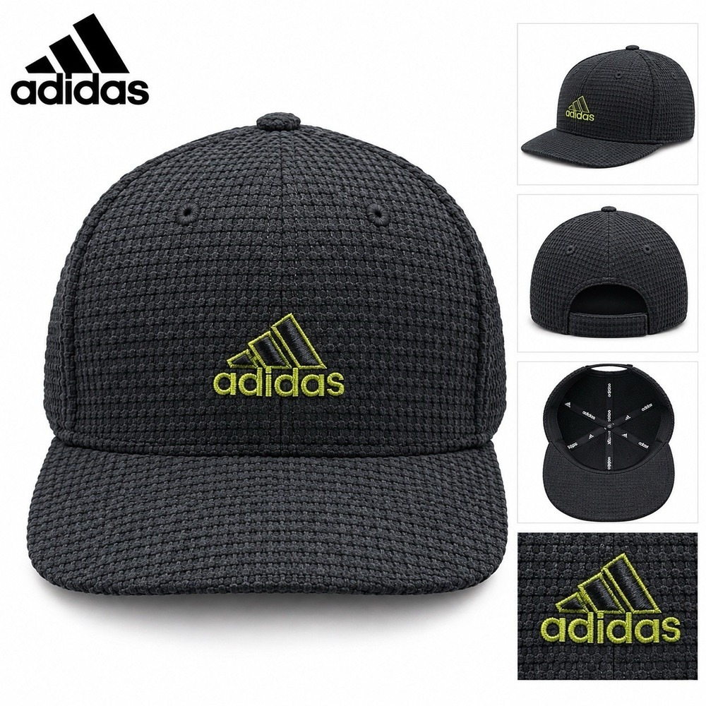 Adidas Golf Performance Cap Black Textured Green Logo Adjustable Hat